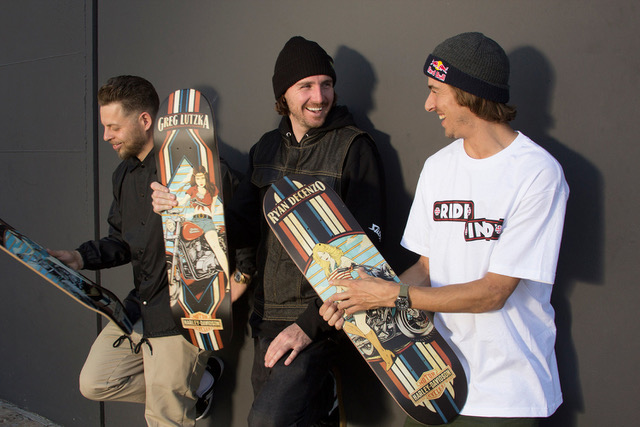 Greg Lutzka with signature Harley-Davidson skateboard decks alongside his team