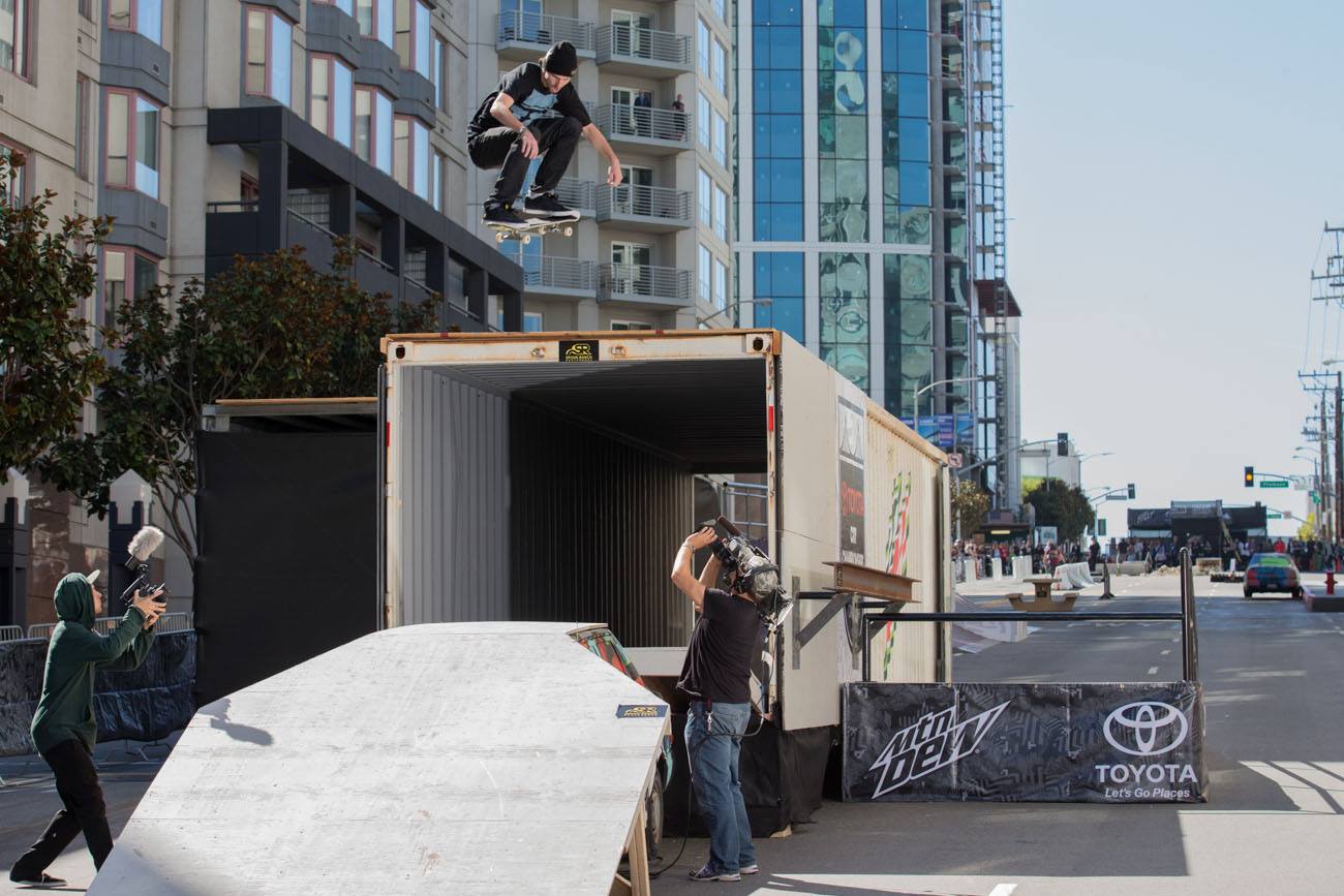 Greg Lutzka launching over a street course container